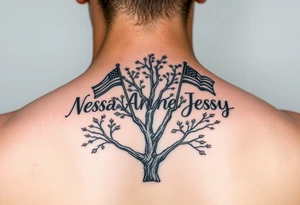 the name Nessa, Anne, Jessy in flags on a live tree tattoo idea