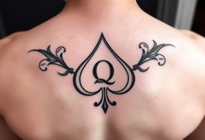 A spade womb tattoo with a Q in the center, with three points around the outside. The first reading, "BLACK". The second reading, "SEED". The third reading, "ONLY". tattoo idea