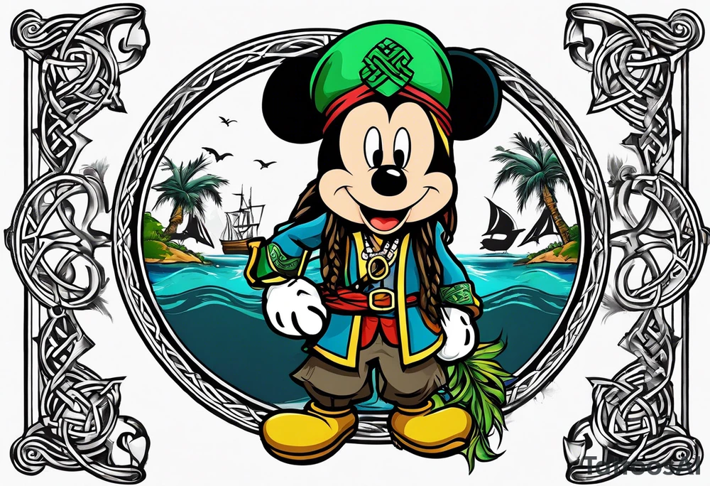 mickey mouse captain jack sparrow with palm trees and celtic symbol for family tattoo idea