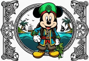 mickey mouse captain jack sparrow with palm trees and celtic symbol for family tattoo idea