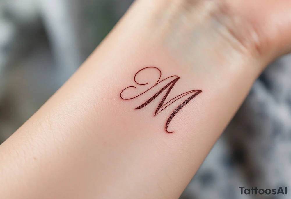 A delicate "M" in soft rose gold cursive, resembling handwritten calligraphy. tattoo idea