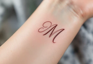 A delicate "M" in soft rose gold cursive, resembling handwritten calligraphy. tattoo idea