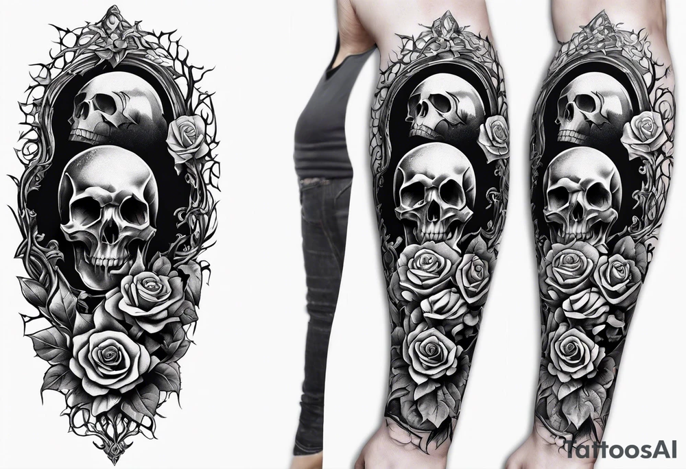 tattoo fool sleeve, old broken gothic home, broken sword, tree roots break out of the chains, roses tattoo idea