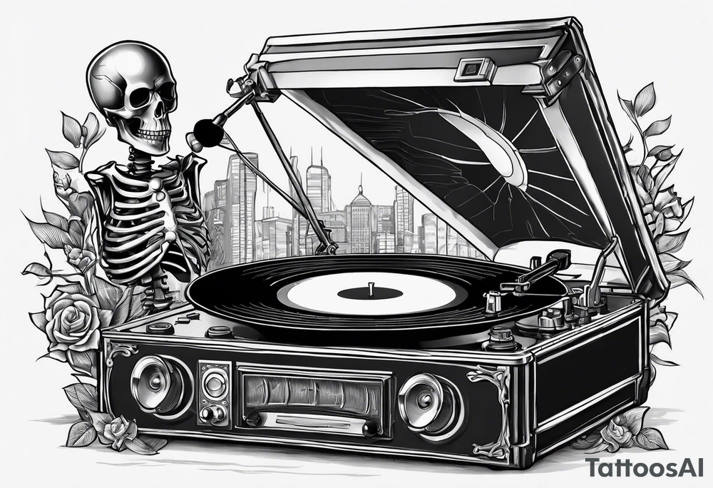 Skeleton listening to record player tattoo idea