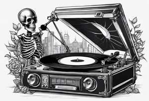 Skeleton listening to record player tattoo idea