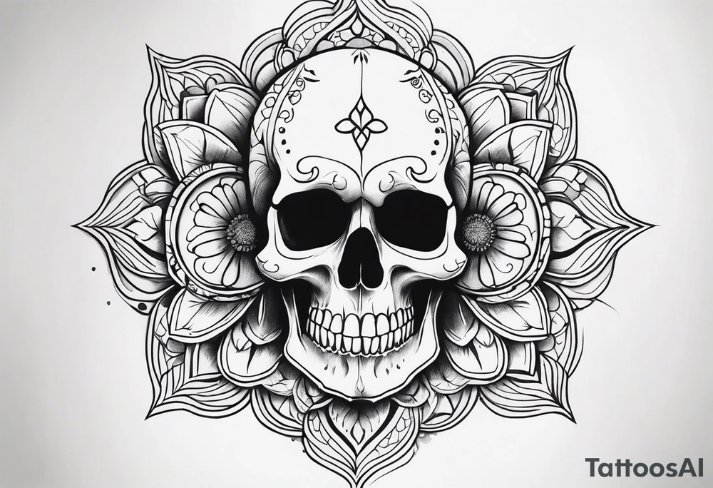Draw me a realistic skull with black smoke out of his mouth add some flowers underneath with some mandalas at the bottom tattoo idea