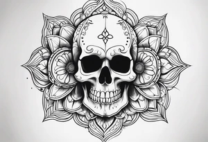 Draw me a realistic skull with black smoke out of his mouth add some flowers underneath with some mandalas at the bottom tattoo idea