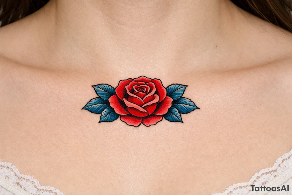 Red rose , blue leaves no stem tattoo idea
