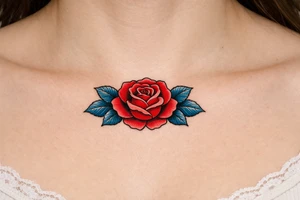 Red rose , blue leaves no stem tattoo idea