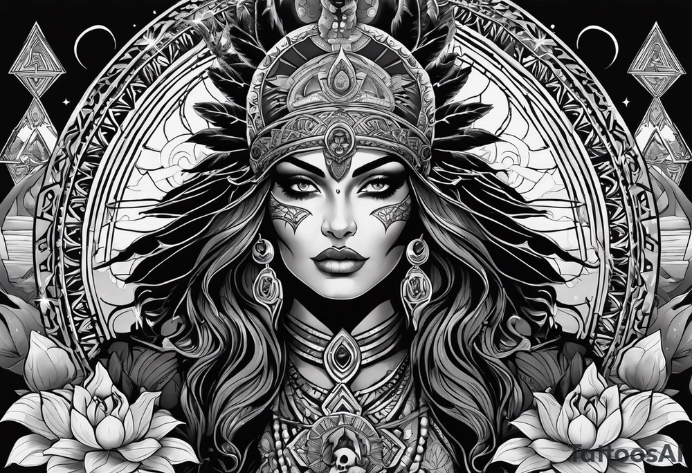 black kali, goddess pirate, alien, pachamama, valkrye, warrior, skull, lotus azul, wing, eagle, zenza resonance, stars, 5D, anahata chakra tattoo idea