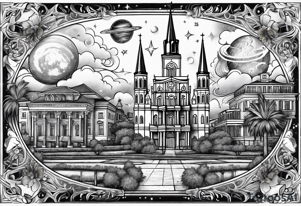 New Orleans and space themed arm sleeve tattoo idea