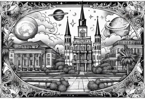 New Orleans and space themed arm sleeve tattoo idea