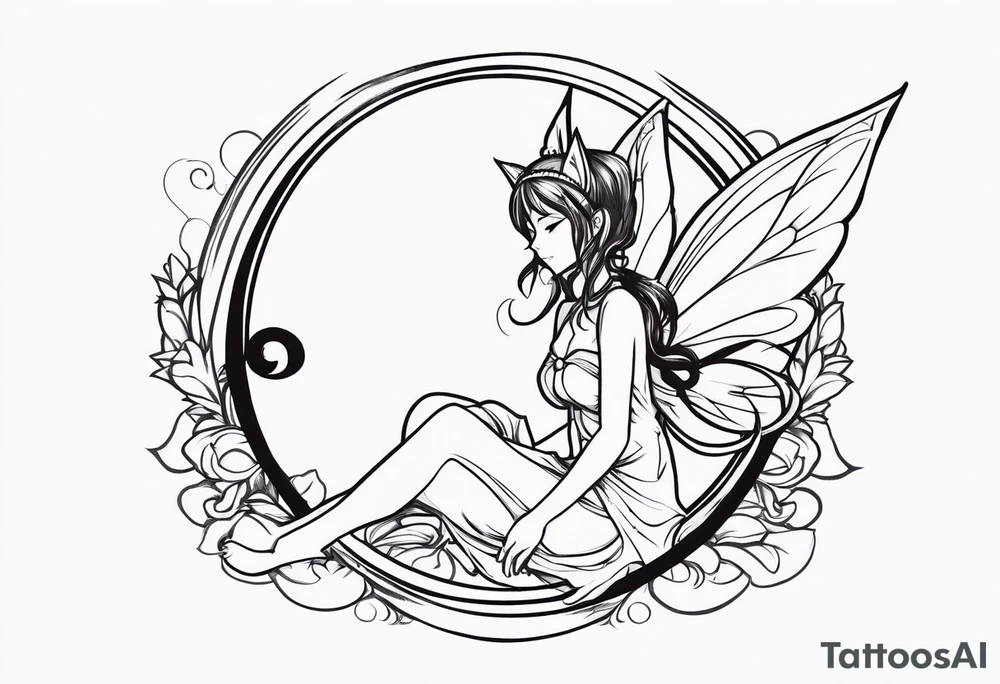 No color sketch of a fairy with a tail inspired by the guild symbol in the anime show called Fairy Tail in a fetal position leaning in and forward while crawled in hugging herself floating tattoo idea