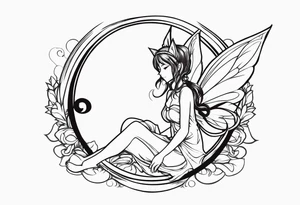 No color sketch of a fairy with a tail inspired by the guild symbol in the anime show called Fairy Tail in a fetal position leaning in and forward while crawled in hugging herself floating tattoo idea