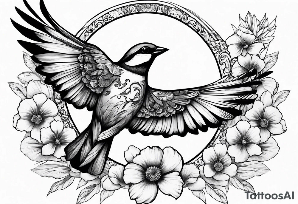 mens neck sleeve sparrow, om symbol, cosmos, iris, daisy, add sun rays and
clouds tattoo idea