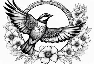mens neck sleeve sparrow, om symbol, cosmos, iris, daisy, add sun rays and
 clouds tattoo idea