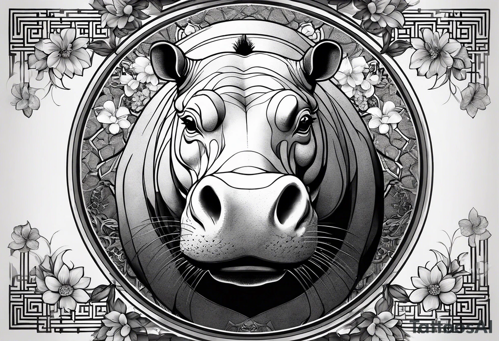 Asymmetrical, geometric, chinese ink art touch, hippo , full moon, wintersweet flower, light , modify from my favourite, s-shape tattoo idea