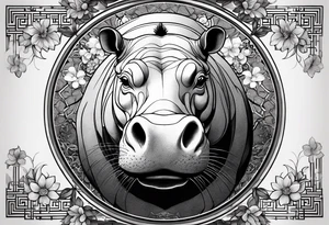 Asymmetrical, geometric, chinese ink art touch, hippo , full moon, wintersweet flower, light , modify from my favourite, s-shape tattoo idea