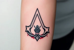Assassins Creed emblem with Ezio character,. Weapons with blood splashes incorporated into logo. tattoo idea