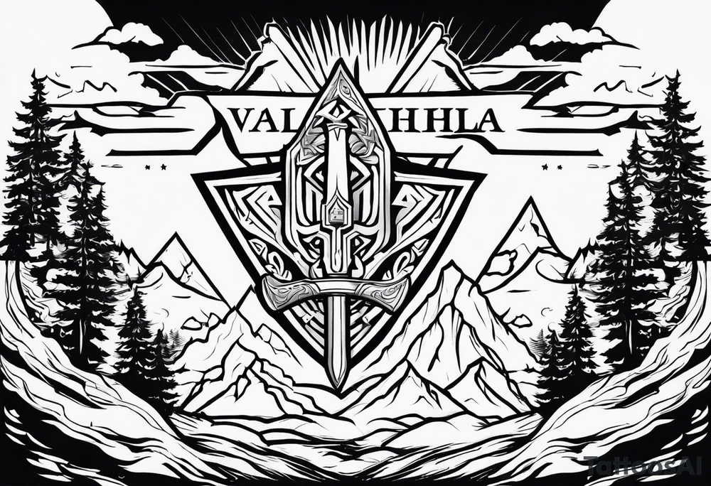 Valhalla fire sword shield axe Valknut ruins lightnings tattoo idea Valhalla fire sword shield axe Valknut ruins lightnings tattoo idea