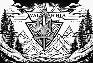 Valhalla fire sword shield axe Valknut ruins lightnings tattoo idea
