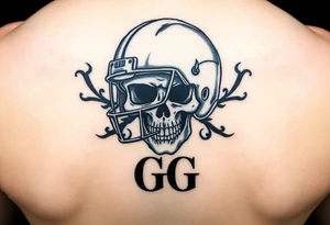 Skull wearing football helmet initials GG tattoo idea