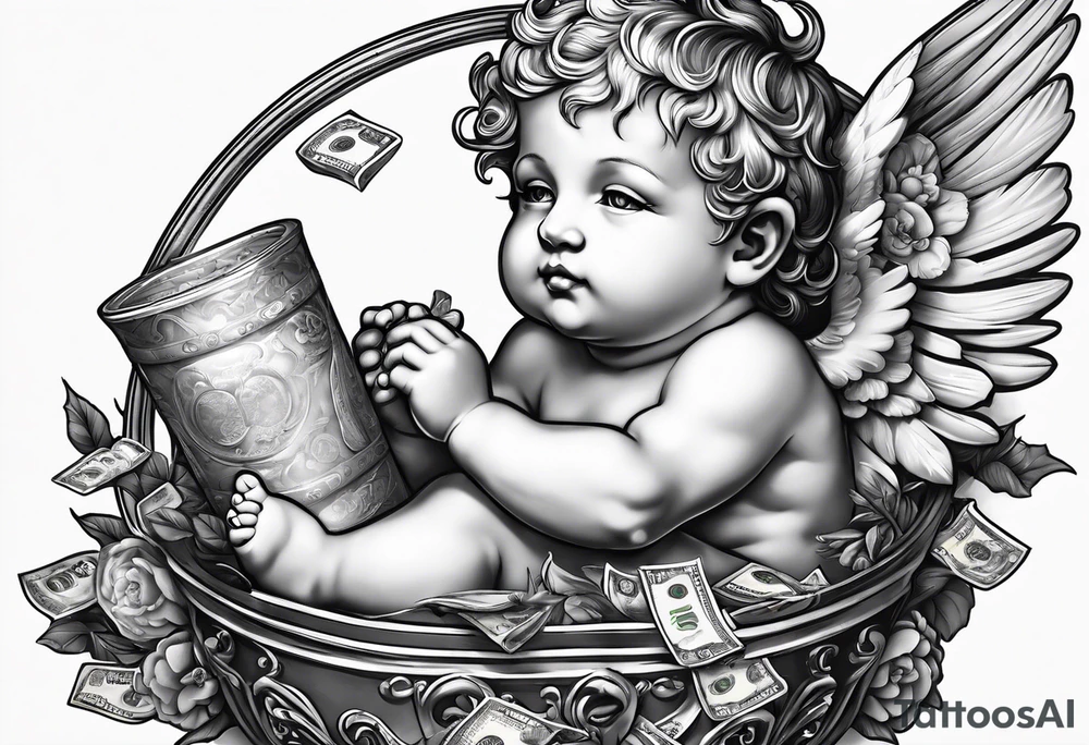 a cherub floating with a money bag. no boarders tattoo idea a cherub floating with a money bag. no boarders tattoo idea