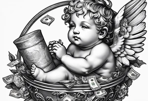 a cherub floating with a money bag. no boarders tattoo idea