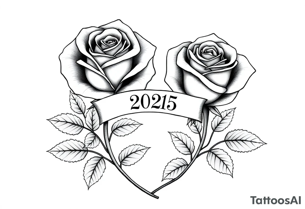 two beautiful large rose buds, one larger than the other, with many leaves next to the rose buds, with one sitting higher than the other. Include a banner connecting the two roses with "2025" on it.   Use dark outlines with little shading. The two stems should be short, not long, and connect and join into one stem, whimsically curved or twisted - not straight down. tattoo idea