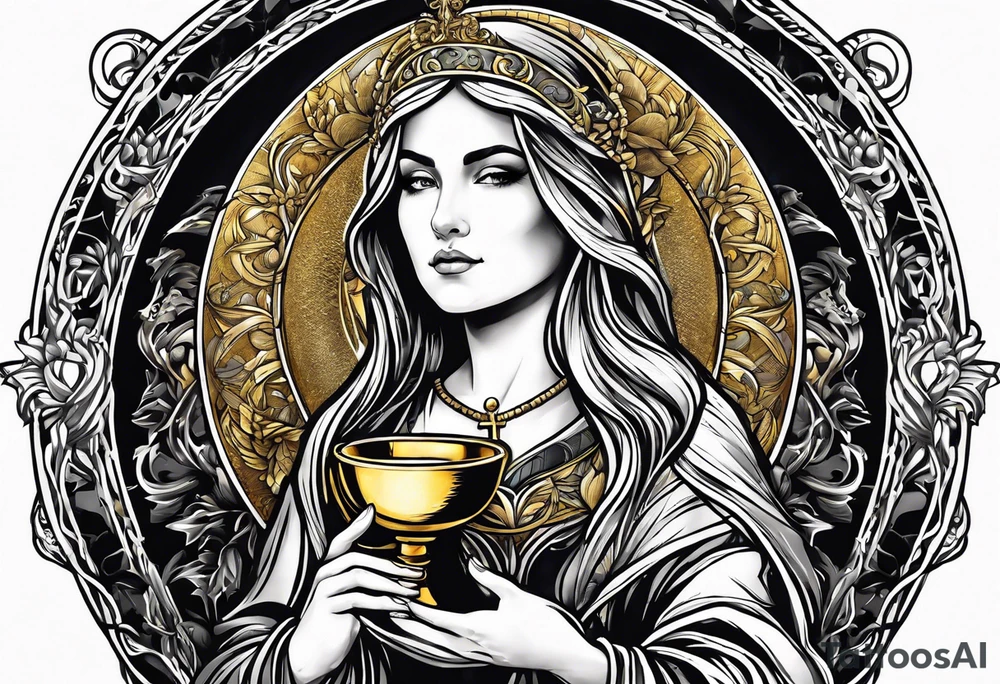 woman saint holding chalice surrounded by golden halo tattoo idea