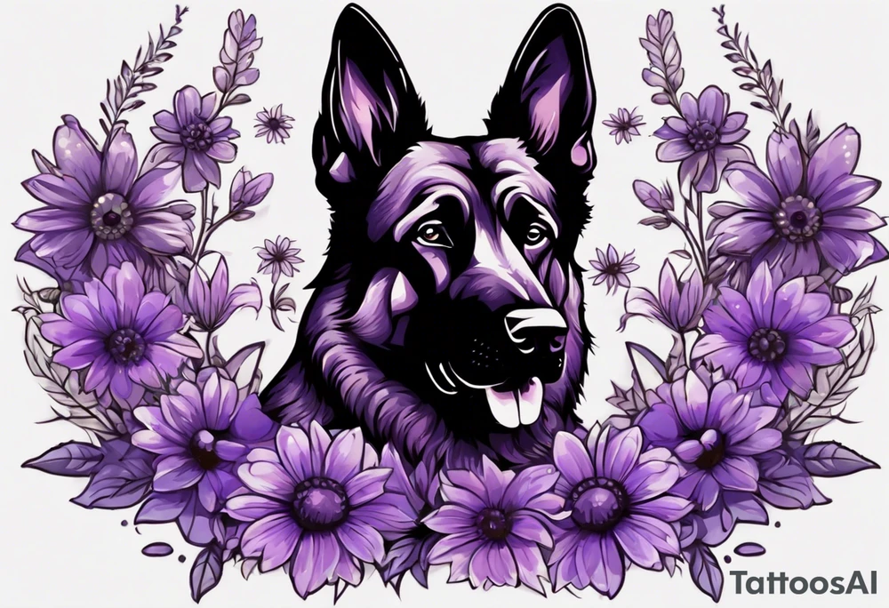 Dark Brown German shepherd portrait surrounded by purple daisies tattoo idea