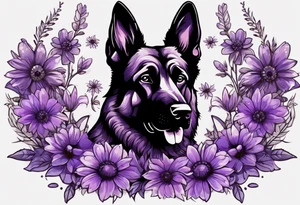 Dark Brown German shepherd portrait surrounded by purple daisies tattoo idea