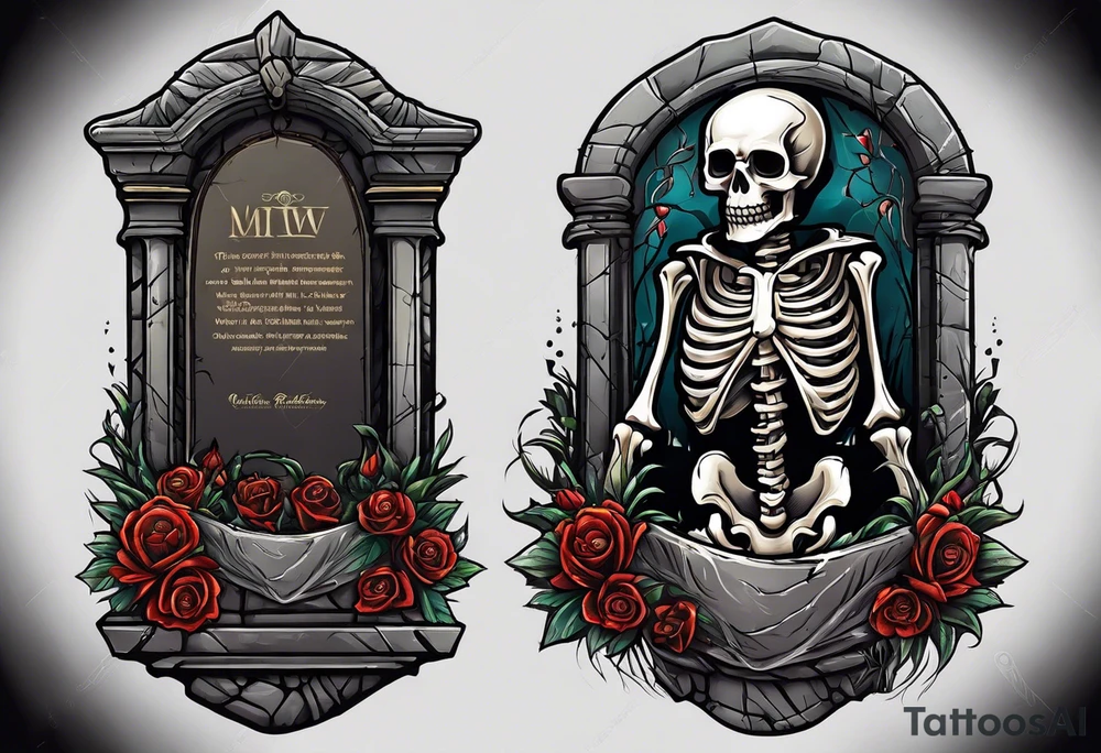 Skeleton crawling out of grave. 
MIW Reincarnate written on gravestone tattoo idea