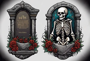 Skeleton crawling out of grave. 
MIW Reincarnate written on gravestone tattoo idea