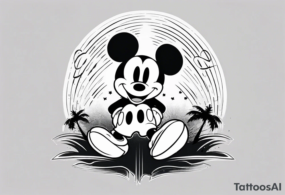 mickey mouse in a lightning storm with palm trees and the celtic symbol for family tattoo idea