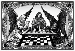 Depict an angel and devil engaged in a chess game, with the chessboard reflecting the cosmic battleground between good and evil, symbolizing the strategic nature of the eternal conflict. tattoo idea