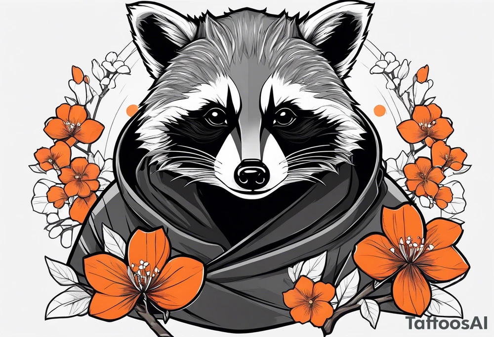 Raccoon wearing a white Superman logo on a black hoodie and orange Japanese cherry blossoms tattoo idea