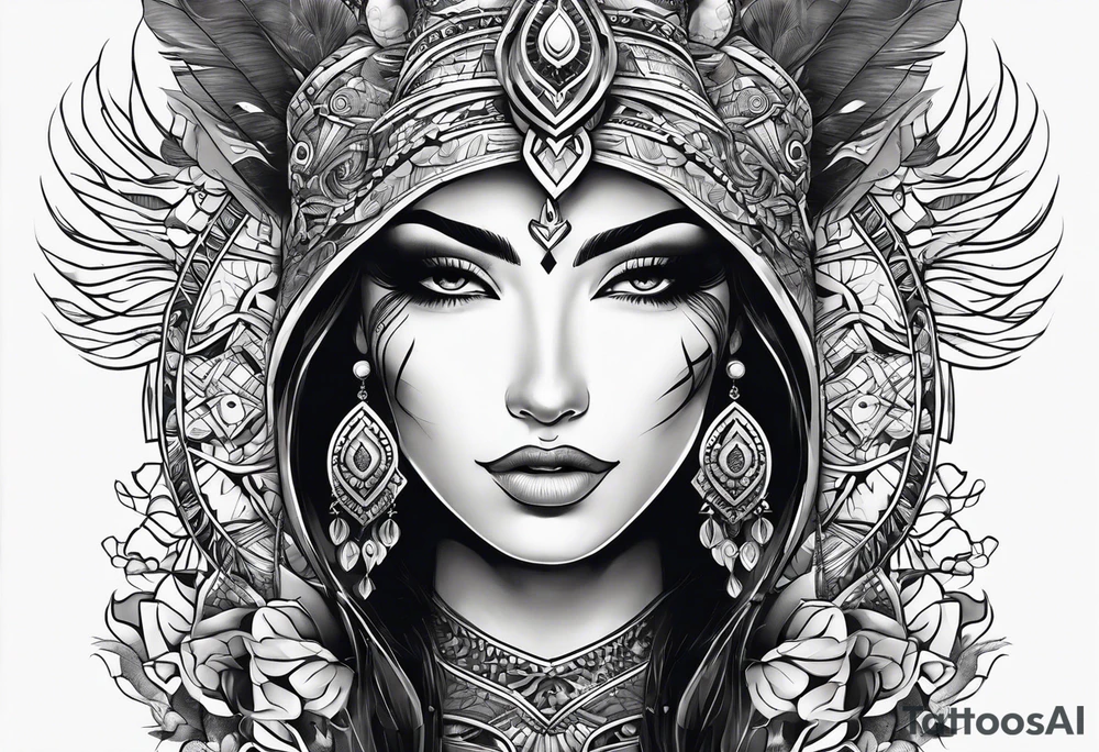 Woman’s thigh tattoo. Face with symbol of fertility and soft warrior tattoo idea