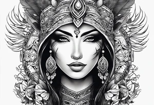 Woman’s thigh tattoo. Face with symbol of fertility and soft warrior tattoo idea