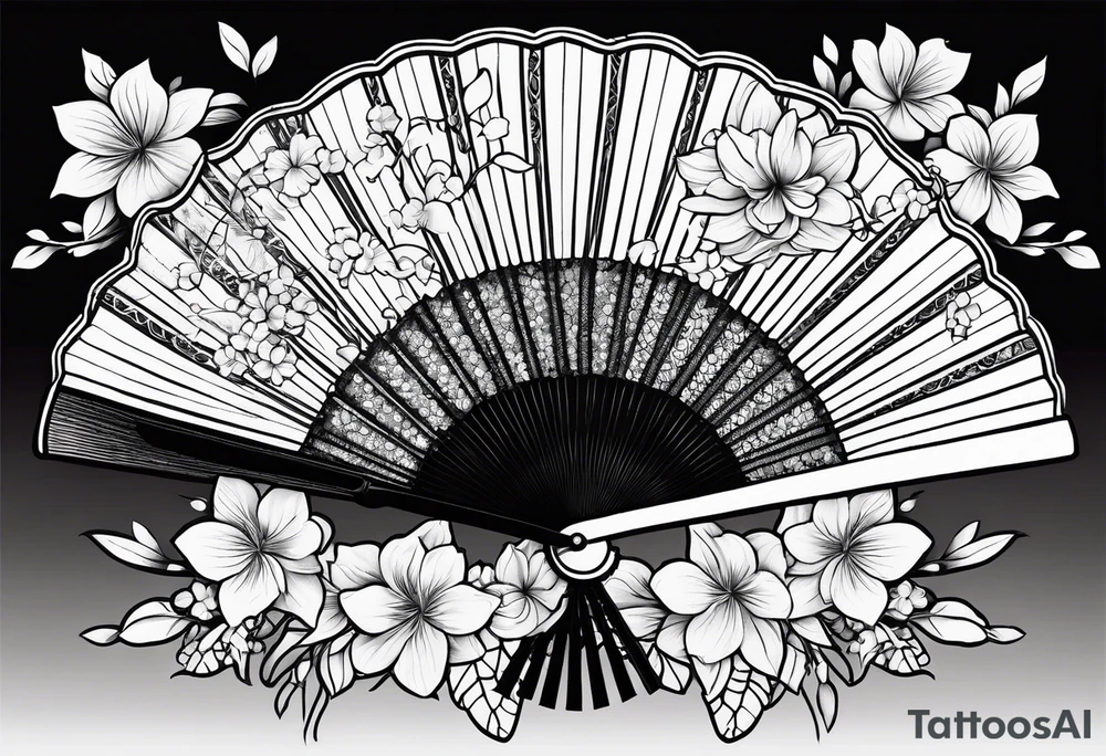 All Black Japanese fan with flowers behind it tattoo idea