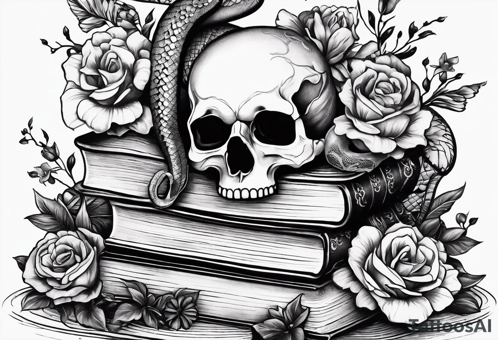 feminine tattoo of stacked books and flowers with a snake and skull tattoo idea