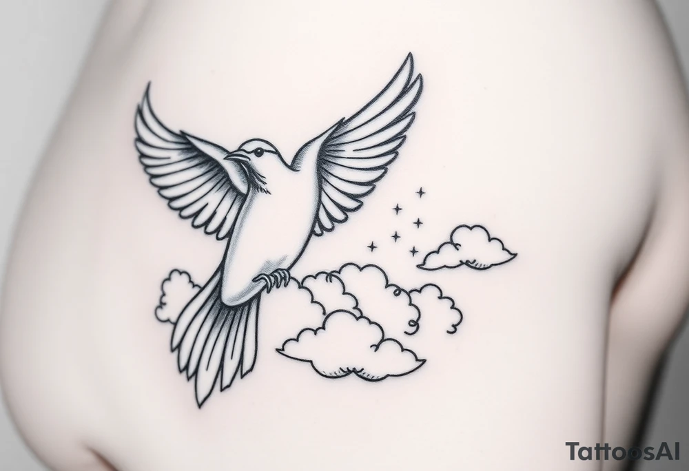 Dove and a blue jay, clouds, shining light to or from heaven tattoo idea