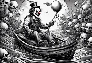 penny wise clown riding on georgies 
paper boat dragging skulls from other dead people behind him through the sewer system with a balloon covered in spiders tattoo idea