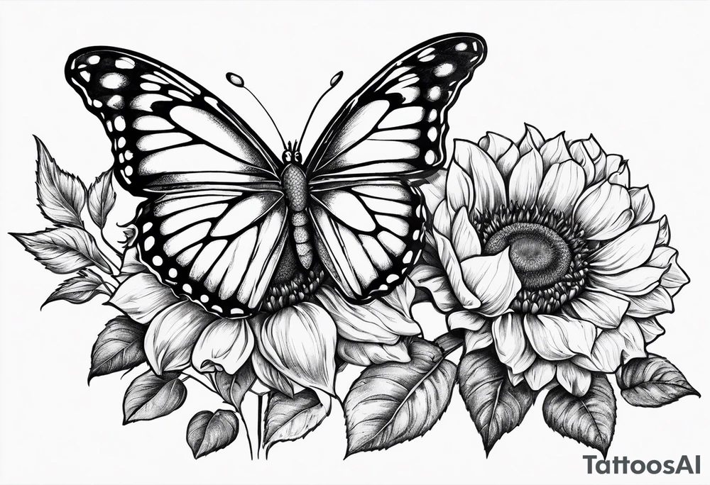 Butterfly sur sunflower et rose flower et bleu flower rose en dessous un livre qui est à  côté d'une camera tattoo idea