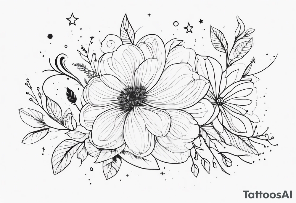 fine line floral with stars, swirls, dots tattoo idea