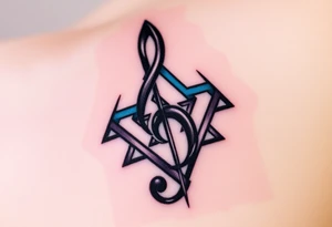 A treble clef composed of interlocking triangles, with deep blues, purples, and silver lines, symbolizing the complexity of music. tattoo idea