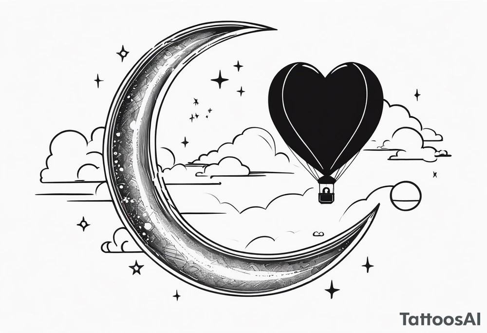 a crescent moon, the planet Saturn, two clouds and a heart balloon tattoo idea