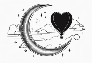 a crescent moon, the planet Saturn, two clouds and a heart balloon tattoo idea