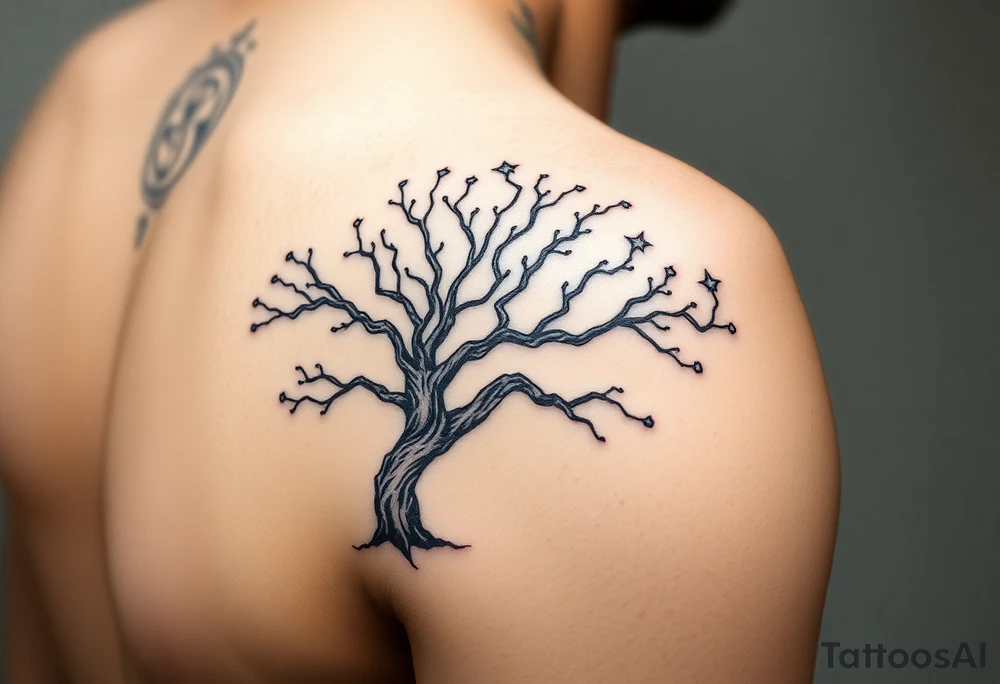 Flowing asymmetrical symbolic tree quarter sleeve on shoulder that extends down arm and onto back and chest. Bold and simple branches that do not look realistic. Tree of gondor with seven stars tattoo idea