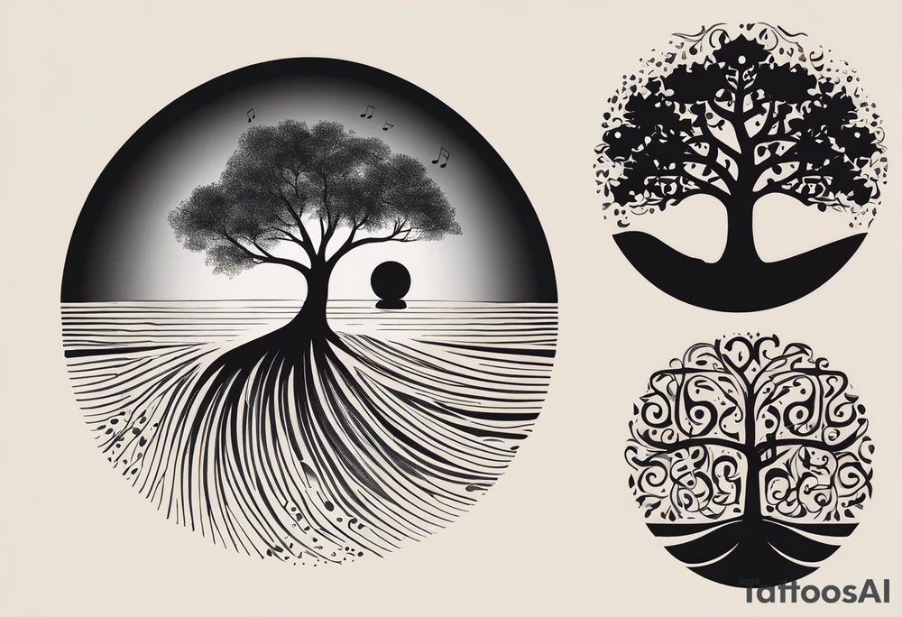 A tattoo design that incorporates the following elements: an abstract tree of life that has roots emerging  from the ground. Waves of water wrap around the tree in a non symmetrical design.  Incorporate musical notes into the tree. the letters U and A are overlapping and engraved into the tree. incorporate a golf ball or golf course symbols like a flag but not prominent. tattoo idea